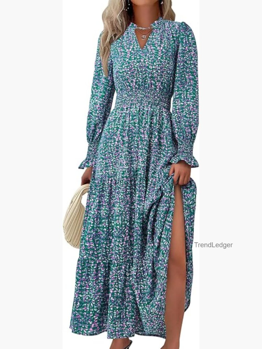 Floral Maxi Dress Long Sleeve V Neck A Line Flowy Boho Fall Dress - Picture 1 of 7